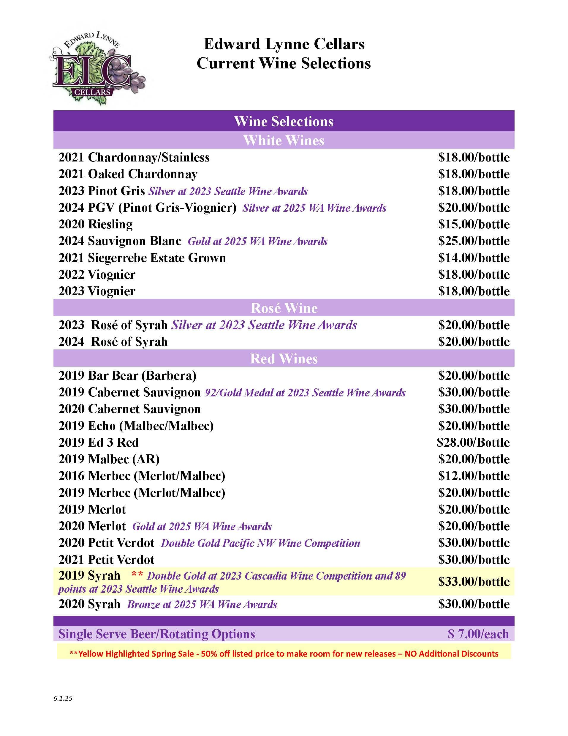 Edward Lynne Cellars Price List - June 5, 2025